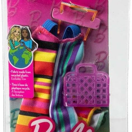 Barbie Fashion Pack of Doll Clothes, Complete Look Set with Striped Dress and Accessories