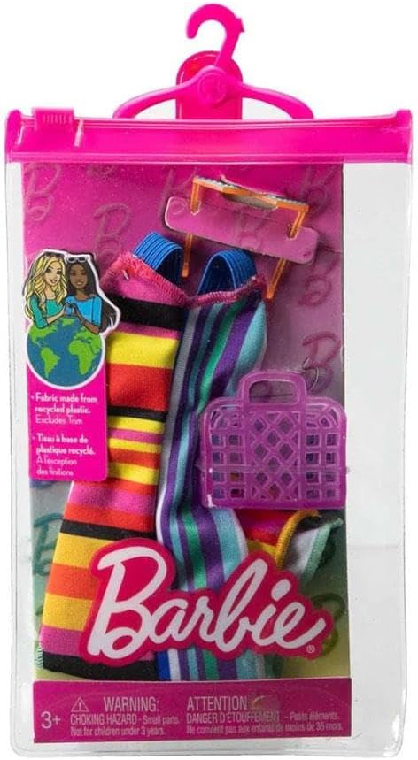 Barbie Fashion Pack of Doll Clothes, Complete Look Set with Striped Dress and Accessories