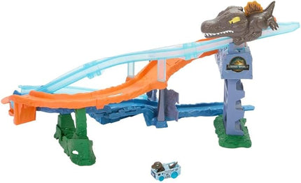 Hot Wheels Toy Car Track Set, RacerVerse Jurassic World Crash & Splash Playset with Die-Cast Velociraptor Vehicle, Dinosaur Race with Spinosaurus