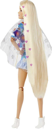 Barbie Extra Doll and Accessories with Extra-Long Blonde Hair Wearing Floral Outfit & Poncho with Pet Bunny