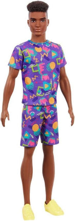 Barbie Ken Fashionistas Doll #162 with Rooted Brunette Hair Wearing Graphic Purple Top, Shorts & Yellow Shoes, Toy for Kids 3 to 8 Years Old