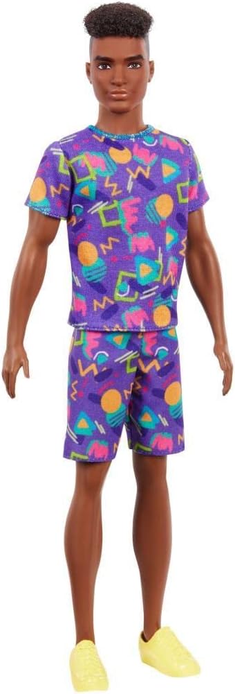 Barbie Ken Fashionistas Doll #162 with Rooted Brunette Hair Wearing Graphic Purple Top, Shorts & Yellow Shoes, Toy for Kids 3 to 8 Years Old