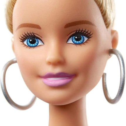 Barbie Fashionistas Doll #142 with Blonde Updo Hair Wearing Pink & Golden Plaid Dress, White Sneakers & Earrings, Toy for Kids 3 to 8 Years Old