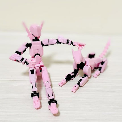 T13 Action Figures Set (Assembly Completed) Dummy 13 Titan 13 Robot Action Figure 3D Printed Robo Multi-Jointed Movable Action Figure Toy with Full Articulation (Pink Black Figure + Dog)
