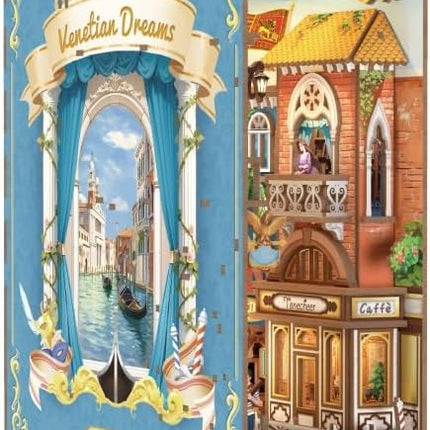 Tonecheer DIY Book Nook Kit for Adults, 3D Wooden Puzzle Bookend Miniature House Kit, Booknook Bookshelf Insert Decor with Dust Cover and LED Lights Gifts (Venetian Dreams)