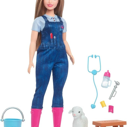 Barbie 65th Anniversary Doll & 10 Accessories, Farm Veterinarian Set with Blonde Vet Doll, Lamb with Moving Ears & More