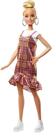Barbie Fashionistas Doll #142 with Blonde Updo Hair Wearing Pink & Golden Plaid Dress, White Sneakers & Earrings, Toy for Kids 3 to 8 Years Old