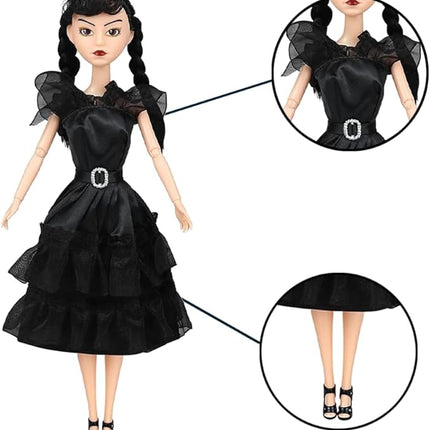 11.5'' Addams Doll with Gift Box, High Heels, Black Dress, and Hair, Perfect Christmas and Birthdays Toy Gift for Girls & Fans(A2)