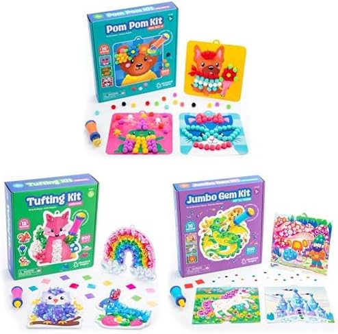 Educational Insights Pom Pom Kit, Tufting Kit and Jumbo Gem Art Kit, Set of 3 Art Kits