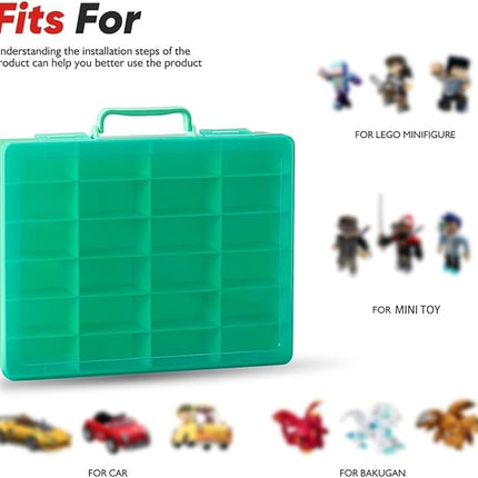 Toy Storage Organizer Case for Hot Wheels Car, for Matchbox Cars, for Mini Toys, for Small Dolls. Carrying Box Container Carrier with 24 Compartments (Box Only) (Green)