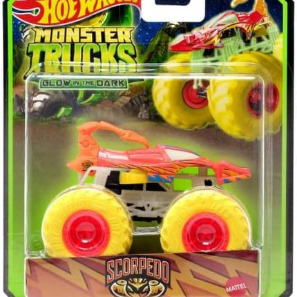 Hot Wheels Monster Trucks Glow in The Dark Scorpedo, 1:64 Scale, Orange with Yellow Wheels, 2024 Diecast