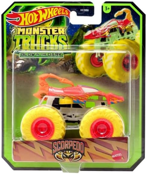 Hot Wheels Monster Trucks Glow in The Dark Scorpedo, 1:64 Scale, Orange with Yellow Wheels, 2024 Diecast