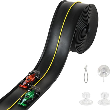 Flex Track 15 Ft Starter Set, with 4 Small Racecars，Suitable for Hot Wheels and Diecast 1/64th Cars，Long Roll-Type Portable Racing Track Suitable for Children Aged 3 and Above. (Black)