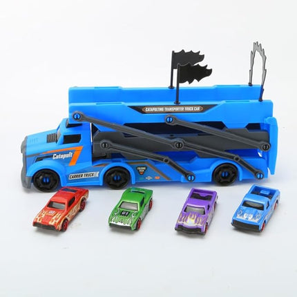 2-in-1 Folding Ejector Truck Slalom Track Car Set with 4 Racing Cars - Alloy Toy Car Folding Mini Car Set, Birthday Gift for 3 (Single Track Racing Blue)