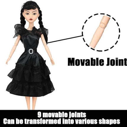 11.5'' Addams Doll with Gift Box, High Heels, Black Dress, and Hair, Perfect Christmas and Birthdays Toy Gift for Girls & Fans(A1)