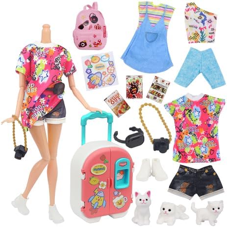 UNICORN ELEMENT 16 Pcs Doll Clothes and Accessories for 11.5 Inch Girl Dolls, Fashion Travel Suitcase Set Including Blue Jean Skirts, Bags, Food Magazines etc (Style B)