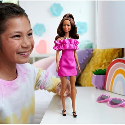 Barbie Fashionistas Doll #217 with Brown Wavy Hair Half-Up Half-Down & Pink Dress, 65th Anniversary Collectible Toy