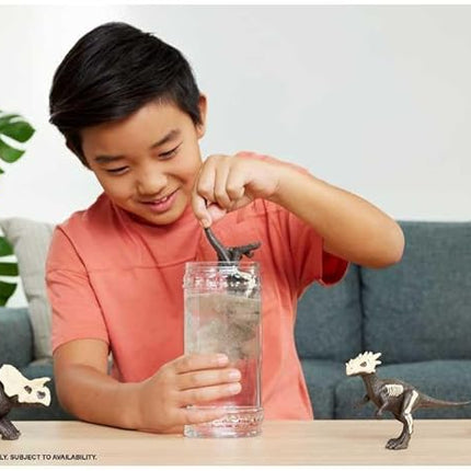 Mattel Jurassic World Dino Reveal Dinosaur Toys, Unpack Surprise & Warm Water Uncovers Full Decoration, 5 to 7 Inches, Species Vary
