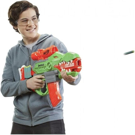 Nerf DinoSquad Rex-Rampage Motorised Blaster, 10-Dart Clip, 20 Darts, T-Rex Dinosaur Design, 8.6 x 61 x 34 cm