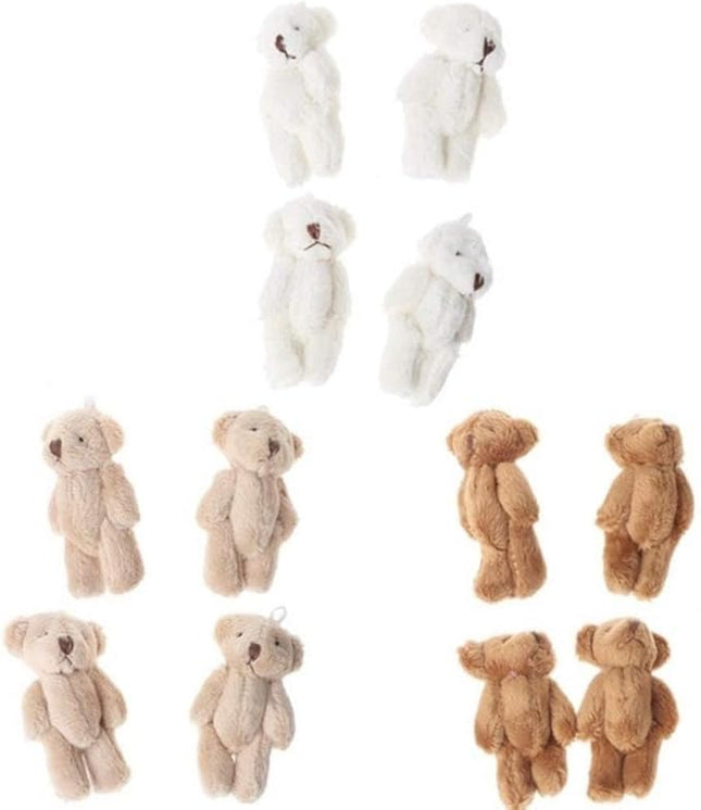 12Pcs 6CM Plush Small Joint Teddy Bear Bulk Stuffed Animal Toys Wedding Gift Box Doll Toy for Birthday Cake Wedding Decorations Party Favors Supplies Bag DIY Accessory,White&Beige&Brown