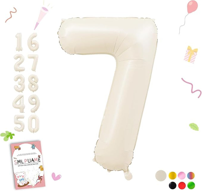 Smlpuame 40 Inch Beige Number 7 Balloons for 7th Birthday Decorations Boys Girl, Giant Self-Sealing Cream Foil Number 0-10 White Sand Balloon for Women Men Party Anniversary Baby Shower Supplies