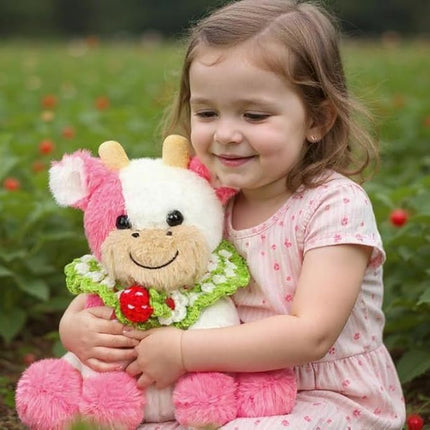 Hopearl Adorable Plush Cow Toy with Knitted Cute Strawberry Bib Floppy Dairy Cattle Soft Stuffed Animal Gifts for Boys Girls Kids Toddlers, Pink, 9''