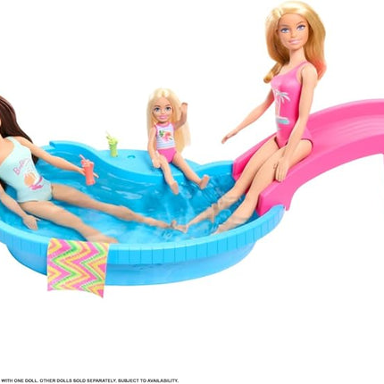 Barbie Doll & Pool Playset, Blonde in Tropical Pink One-Piece Swimsuit with Pool, Slide, Towel & Drink Accessories