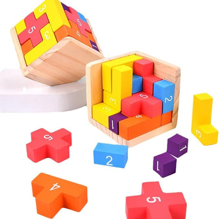 Wooden Puzzle Blocks Brain Teasers Game 3D Building Toy Geometric Wood Shape Puzzles 20Pcs Montessori STEM Educational Toys Gift for Kids Adults