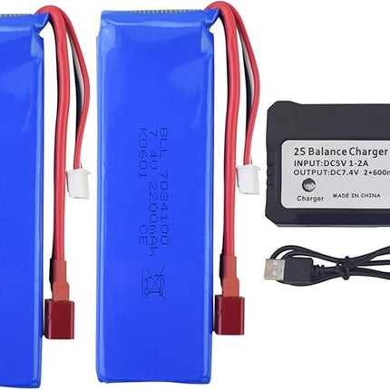 Fytoo 2PCS 7.4V 2200mah Lithium Battery with 2 in 1 Charger for WLtoys K949 10428 10428-A L202 RC high-Speed Remote Control car