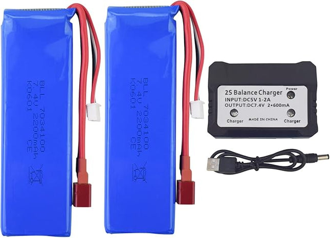 Fytoo 2PCS 7.4V 2200mah Lithium Battery with 2 in 1 Charger for WLtoys K949 10428 10428-A L202 RC high-Speed Remote Control car