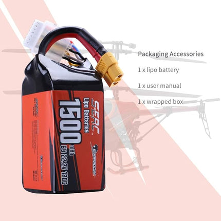 SUNPADOW 6S Lipo Battery 22.2V 120C 1500mAh with XT60 Connector Rechargeable for RC FPV Airplane Quadcopter Helicopter Drone (2 Count)