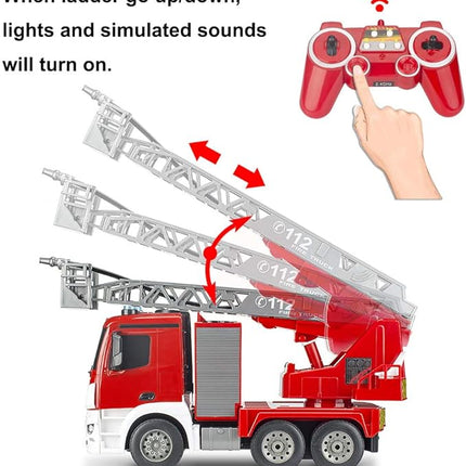 Benz Licensed Remote Control Fire Truck, RC Fire Truck Toy, Rechargeable Construction Truck Toys with Alarm Lights, Hose, Working Water Pump and Rotating Rescue Ladder Fire Truck Toys Gift for Kids