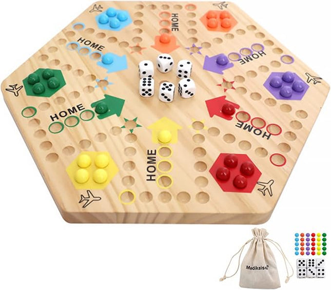 Medikaison Original Marble Game Wahoo Board Game Double Sided Painted Wooden Fast Track Board Game for 6 and 4 Players 6 Colors 24 Marbles 6 Dice for Family Friends