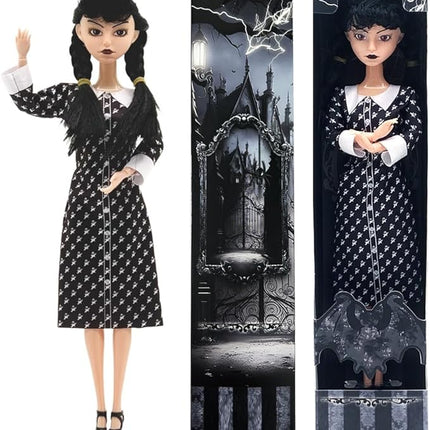 11.5'' Addams Doll, Black Dress, High Heels, and Hair, Christmas Decoration Perfect ChristmasToy Gift for Girls & Fans（H）