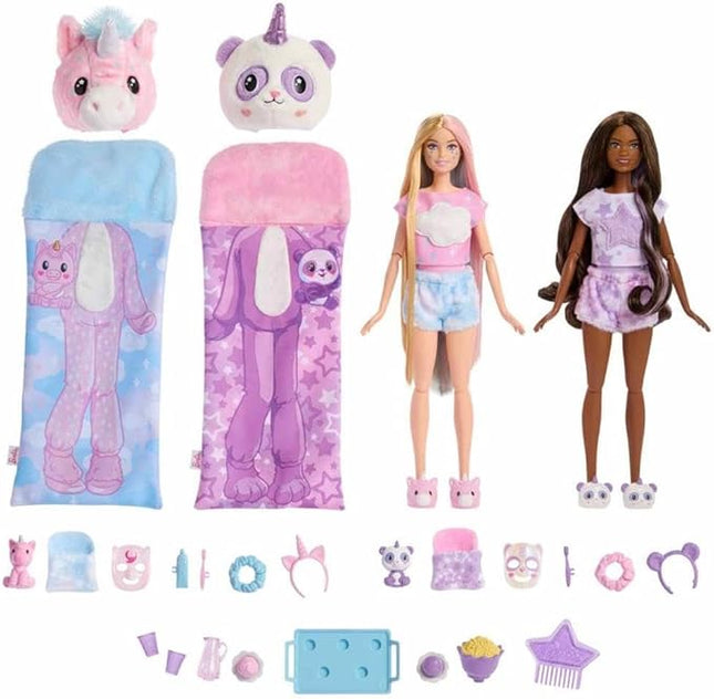 Barbie Cutie Reveal Set, Cozy Sleepover Set with 2 Fashion Dolls & Pajamas, Sleeping Bags & Bedtime-Themed Accessories