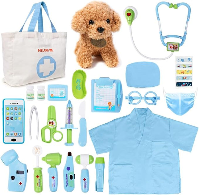 Meland Toy Doctor Kit for Kids - Pretend Play Doctor Set with Dog Toy, Carrying Bag, Stethoscope Toy & Dress Up Costume - Doctor Play Gift for Kids Toddlers Ages 3 4 5 6 Year Old for Role Play
