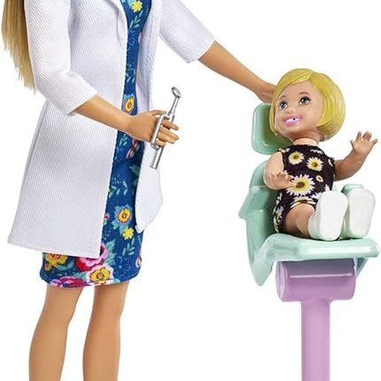 Barbie Careers Playset, Dentist Set with Brunette Fashion Doll, 1 Blonde Toddler Small Doll, Furniture & Accessories