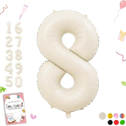 Smlpuame 40 Inch Beige Number 8 Balloons for 8th Birthday Decorations Boys Girl, Giant Self-Sealing Cream Foil Number 0-10 White Sand Balloon for Women Men Party Anniversary Baby Shower Supplies