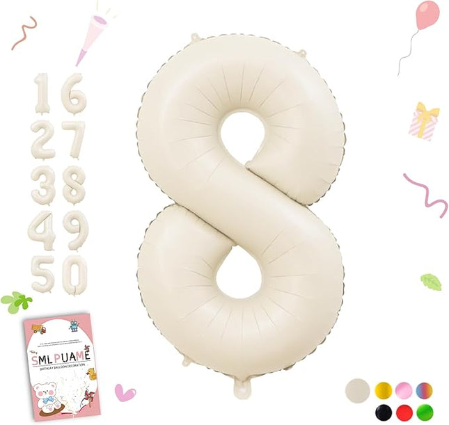 Smlpuame 40 Inch Beige Number 8 Balloons for 8th Birthday Decorations Boys Girl, Giant Self-Sealing Cream Foil Number 0-10 White Sand Balloon for Women Men Party Anniversary Baby Shower Supplies