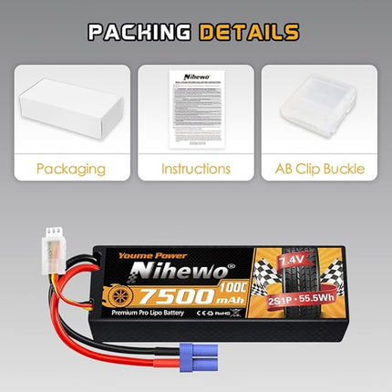 2Packs 2S Lipo Battery Pack, 7.4V 7500mAh RC Battery 100C Hard Case Lipos EC5 Connector Compatible with Arrma Axial 1/8 1/10 RC Car Truck Truggy Vehicles Tank Boat Airplane Models