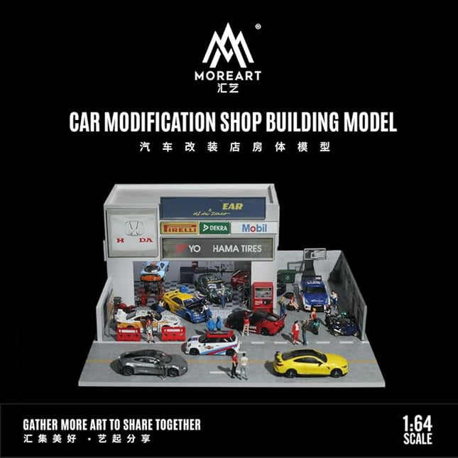 Car Modification Shop Lot Scene Diorama 1:64 Scale with LED Lighting – Diecast Display Garage for Hot Wheels, MiniGT, Matchbox – Dimensions: 30x30x14 cm