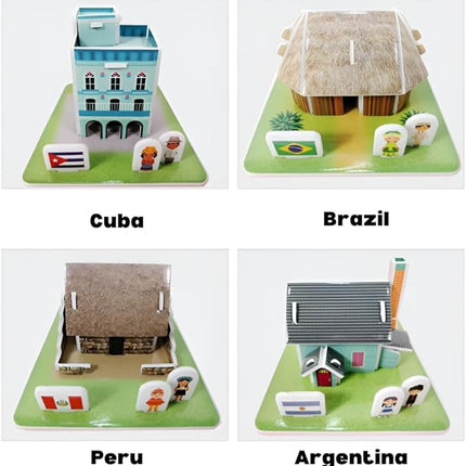 3D Puzzle Set - Traditional Houses Collection: Build 8 Country Models with Authentic Costumes, DIY Kit for Hobbyists, Creative Toy and Home Decor (America)