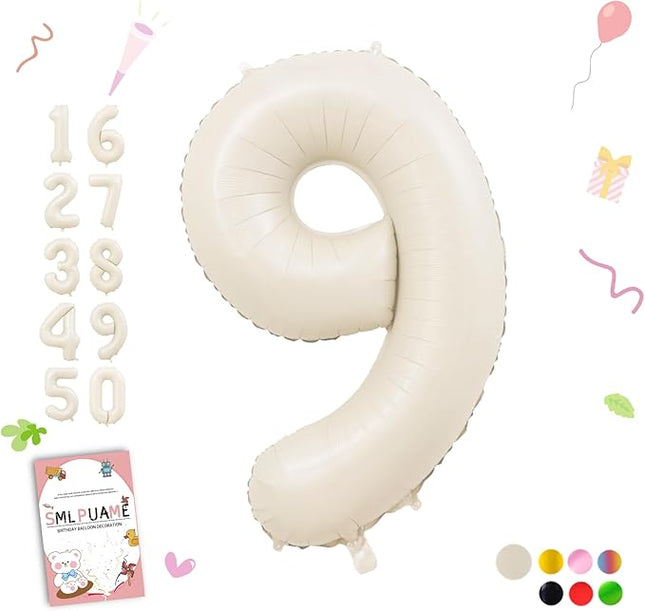Smlpuame 40 Inch Beige Number 9 Balloons for 9th Birthday Decorations Boys Girl, Giant Self-Sealing Cream Foil Number 0-10 White Sand Balloon for Women Men Party Anniversary Baby Shower Supplies