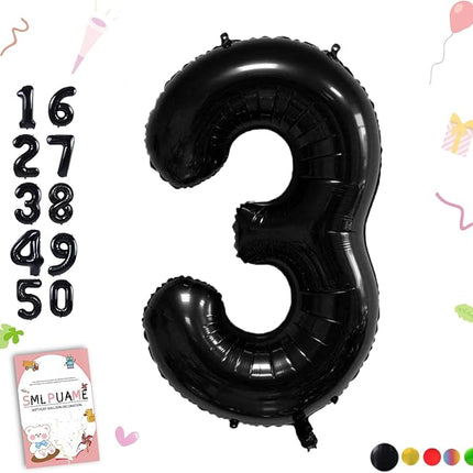 Smlpuame 40 inch Number Balloon 0-9 Black Large Number 3 Balloons,Digital Balloons for Birthday Party Celebration Decorations Supplies, Helium Foil Number Balloons for Wedding Anniversary