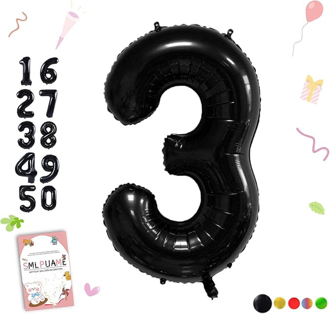 Smlpuame 40 inch Number Balloon 0-9 Black Large Number 3 Balloons,Digital Balloons for Birthday Party Celebration Decorations Supplies, Helium Foil Number Balloons for Wedding Anniversary