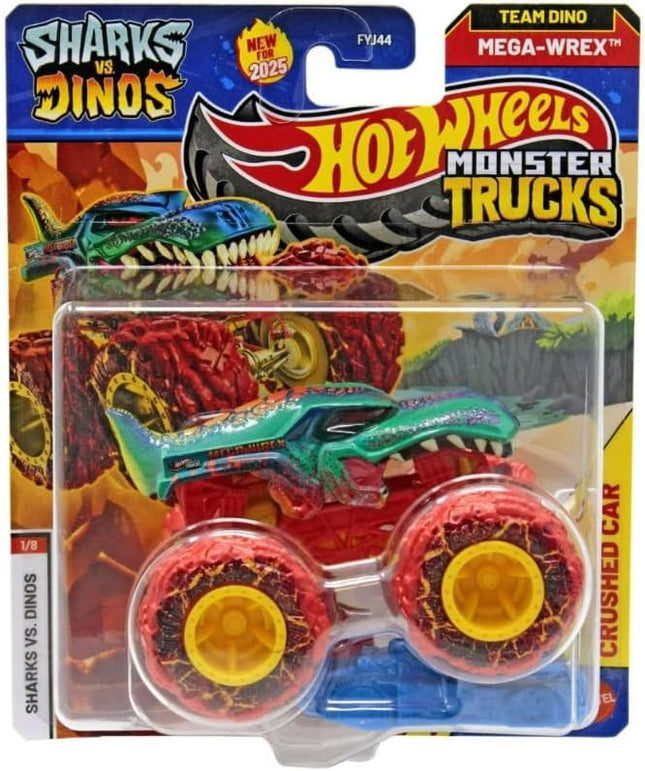 Hot Wheels Monster Trucks Sharks vs Dinos, 1:64 Scale Die-Cast Vehicle Collection, 2025 Edition (1/8 Team Dino Mega-Wrex)
