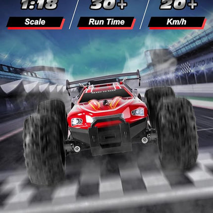 RC Cars - 1:18 Scale Remote Control Car, 2.4Ghz All Terrain Off-Road Monster Truck, 20Km/h High Speed Hobby Electric Toy Buggy with 2 Rechargeable Batteries for Boys Girls Kids Adults