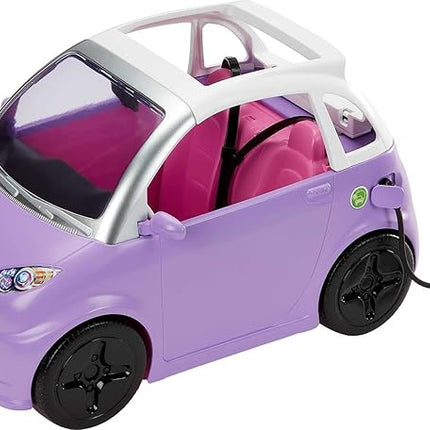 Barbie Doll Accessories, Toy Car Electric Vehicle with Charging Station, Plug & Sunroof, Purple 2-Seater Transforms into Convertible
