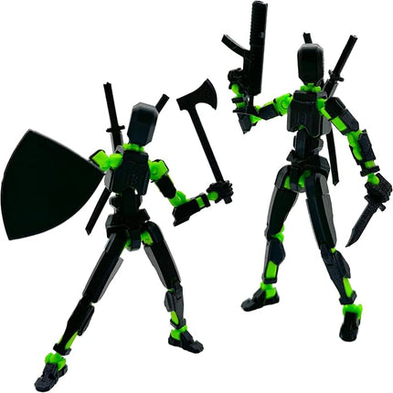 (Assembly Completed) 3D Printed Figure 5.54-inch Dummy13 with Weapon Expansion Set and Bracket, Full Body Mechanical Movable Toy, Desk Decoration. (Black+Green)