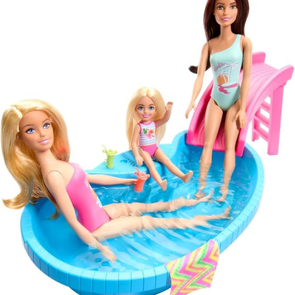 Barbie Doll & Pool Playset, Blonde in Tropical Pink One-Piece Swimsuit with Pool, Slide, Towel & Drink Accessories